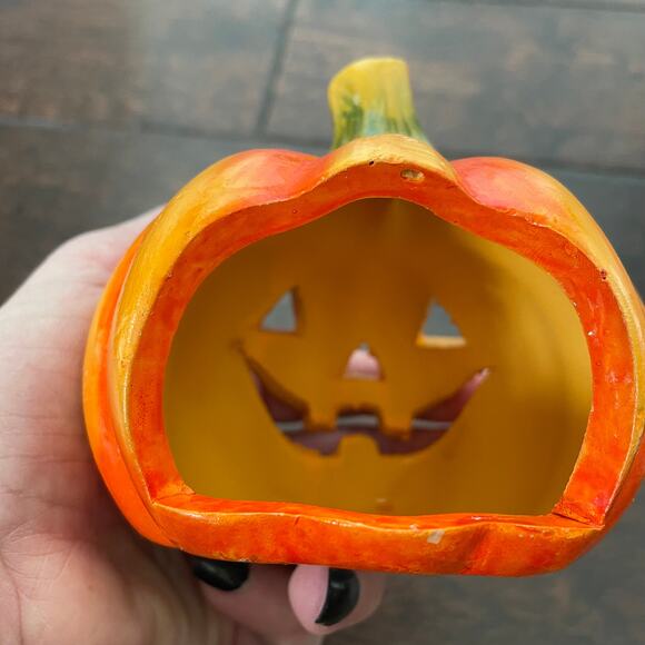 Ceramic Pumpkin Candle Holder Jack O Lantern Votive Tea Light Chelsea Home VTG - Picture 4 of 9